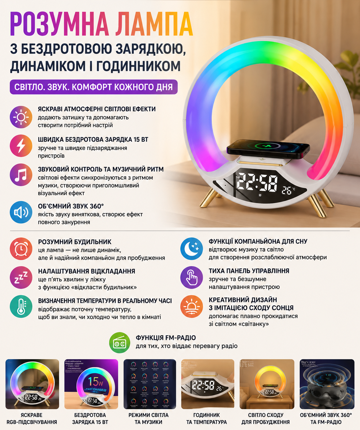 Многофункциональная лампа с Bluetooth-динамиком купить Украина